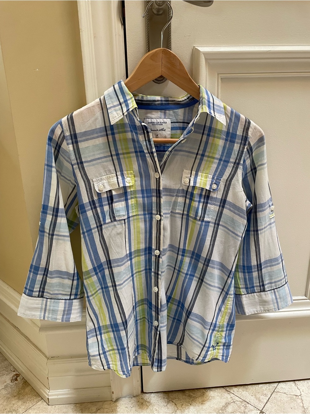 American Eagle Lightweight Plaid Button-Up Shirt in Blue & Lime